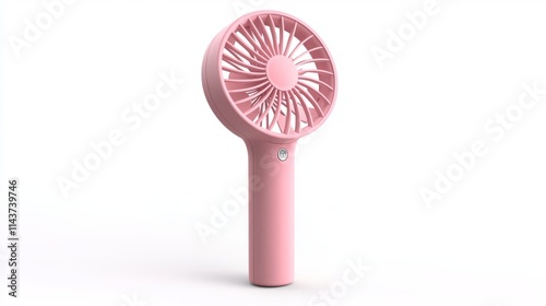 52.Compact pink handheld electric fan with a smooth, ergonomic handle and lightweight design, shown isolated on a white background; the fanâ€™s rounded head contains three curved blades for powerful photo