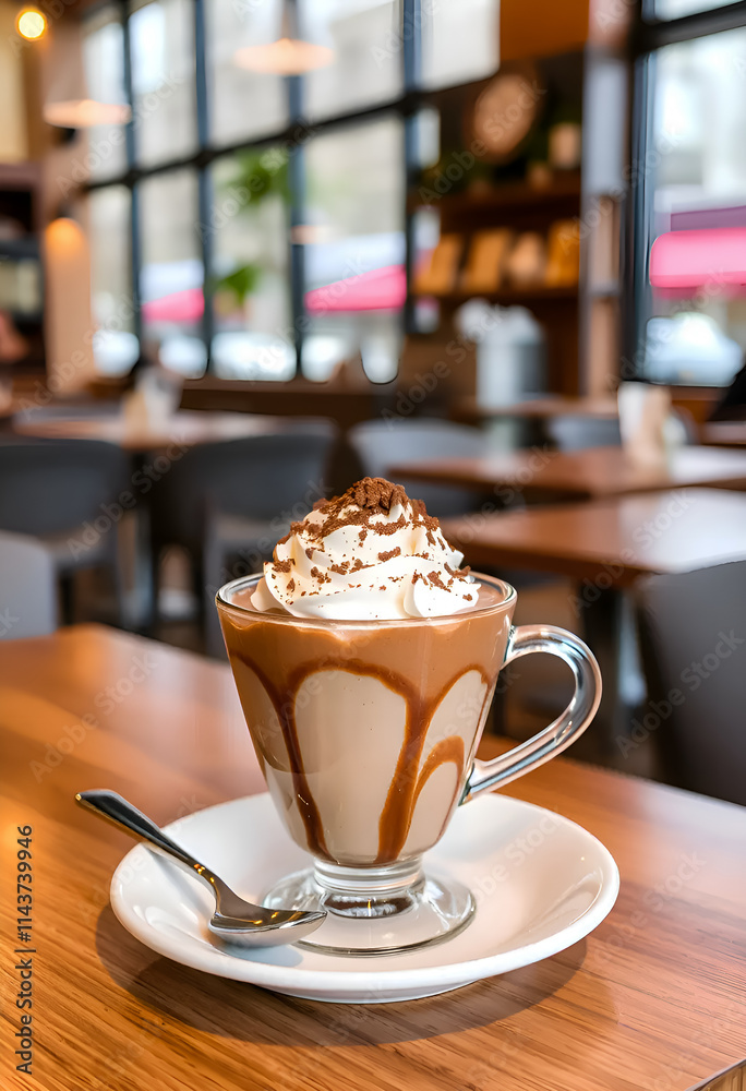 Mocha mousse dessert in a transparent glass on a blurred coffee shop background Mocha mousse dessert in a transparent glass on a blurred coffee shop background