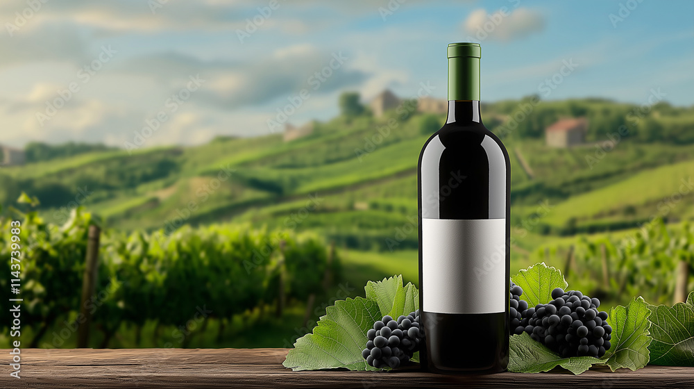 Fototapeta premium Wine Bottle in Vineyard Landscape | Green Bottle, Blank Label, Scenic Background