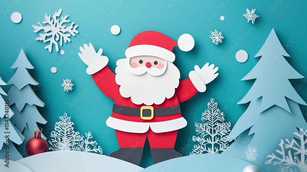 Cute Santa waving joyfully, created with layered papercut details and holiday-themed accents. Cute Santa waving joyfully, created with layered papercut details and holiday-themed accents.