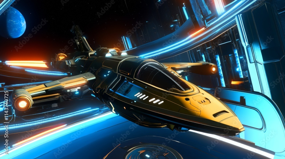 Fototapeta premium Futuristic gold spaceship flying through neon blue space station tunnel.