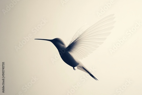 Minimalist hummingbird silhouette black on white background detailed wing feathers photo