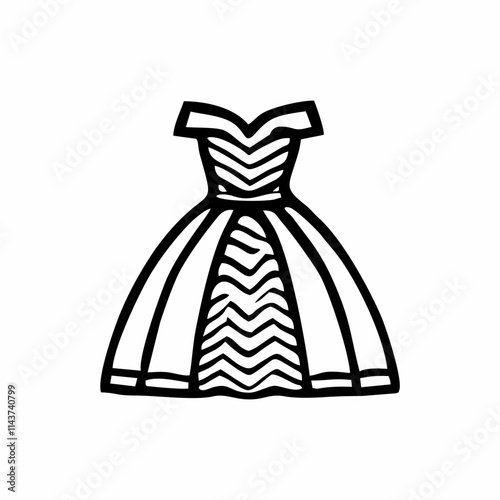 a black-and-white icon of an off-shoulder gown featuring a structured bodice and a voluminous skirt. The skirt is adorned with zigzag or chevron patterns, adding a modern and stylish touch.