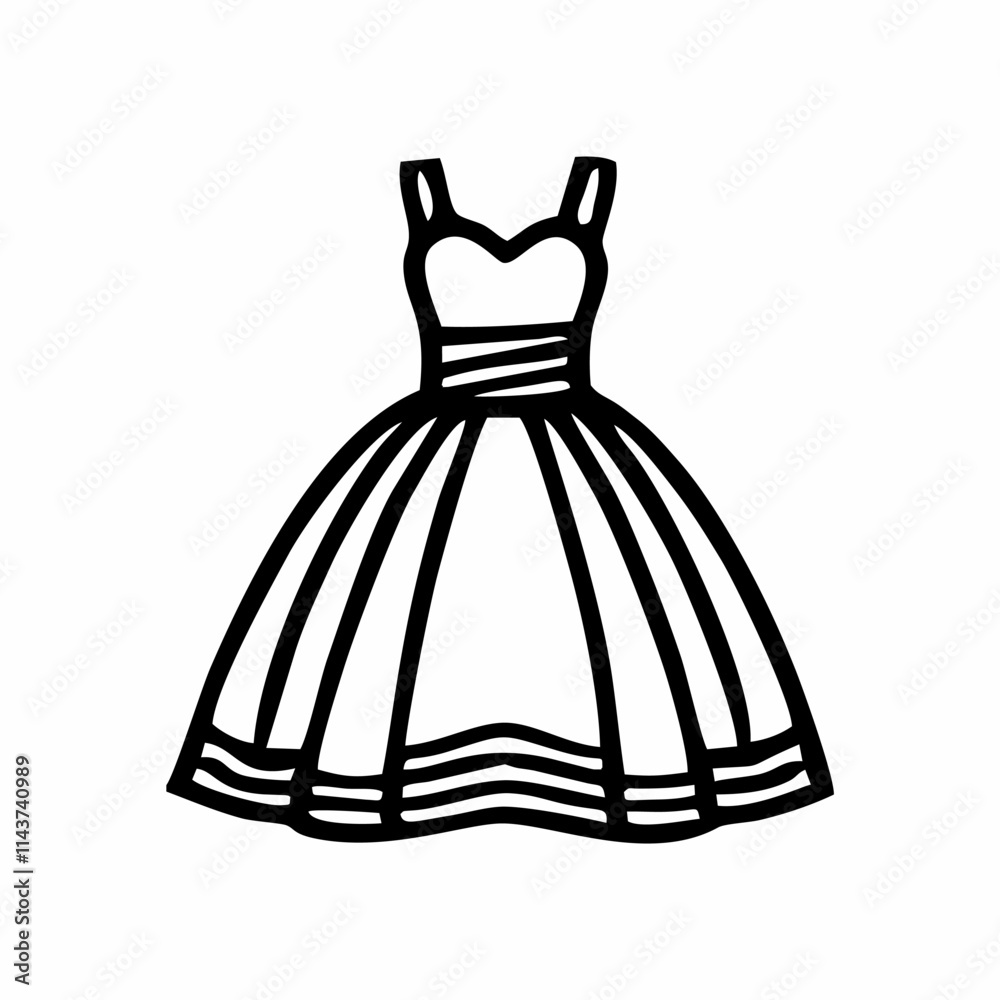 a sleeveless dress with a fitted bodice and a flared, striped skirt, designed in a minimalist black-and-white outline style. a sleeveless dress with a fitted bodice and a flared, striped skirt, designed in a minimalist black-and-white outline style.