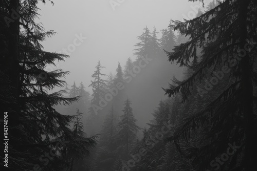 Misty forest landscape ethereal fog evergreen trees layers of pine trees, atmospheric mist