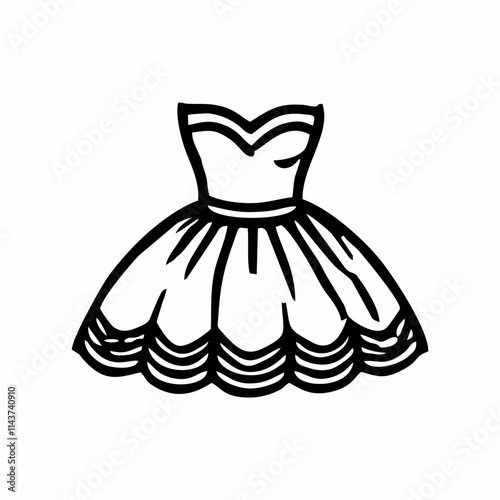 a black-and-white vector icon of a strapless dress. The design features a fitted bodice and a full, layered skirt with scalloped or decorative detailing, giving it a formal and elegant appearance.