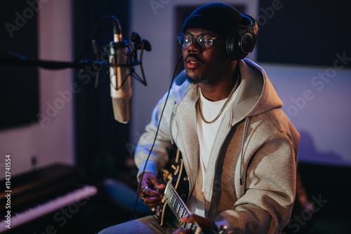A young artist plays an electric guitar and sings into a microphone in a studio, creating music. The setting includes professional recording equipment, capturing the essence of creativity and passion