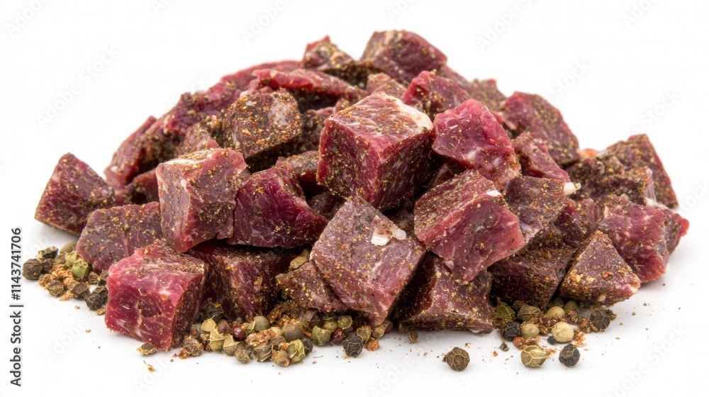 Chunks of seasoned beef on a white background ready for cooking or grilling Chunks of seasoned beef on a white background ready for cooking or grilling