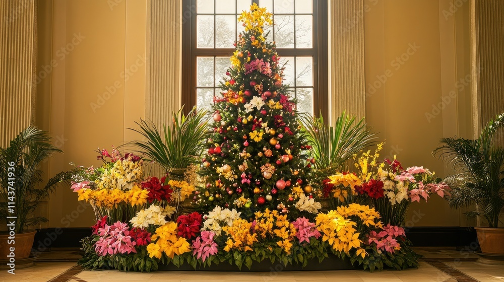 Harmonious mix of a Christmas tree and vibrant flowers in a serene, spring-inspired setting. Harmonious mix of a Christmas tree and vibrant flowers in a serene, spring-inspired setting.