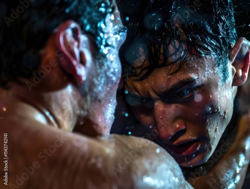 A close-up shot of two wrestlers in a clinch, with sweat and tension visible on their faces. Bright, intense lighting. photo