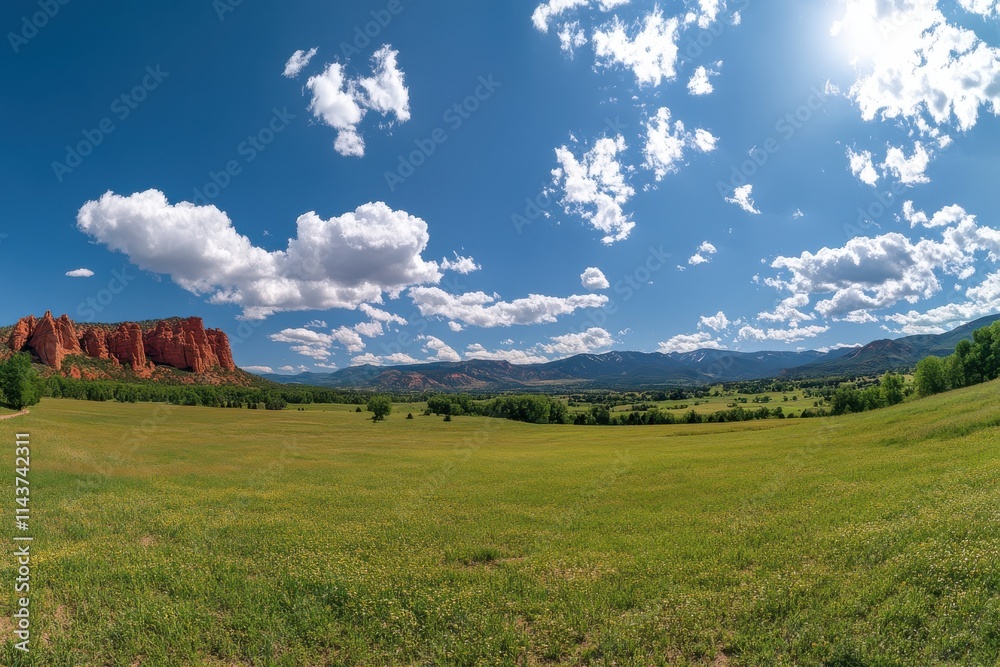 Panoramic landscape, Alpine meadow Vibrant green grass Snow-capped mountains Panoramic landscape, Alpine meadow Vibrant green grass Snow-capped mountains