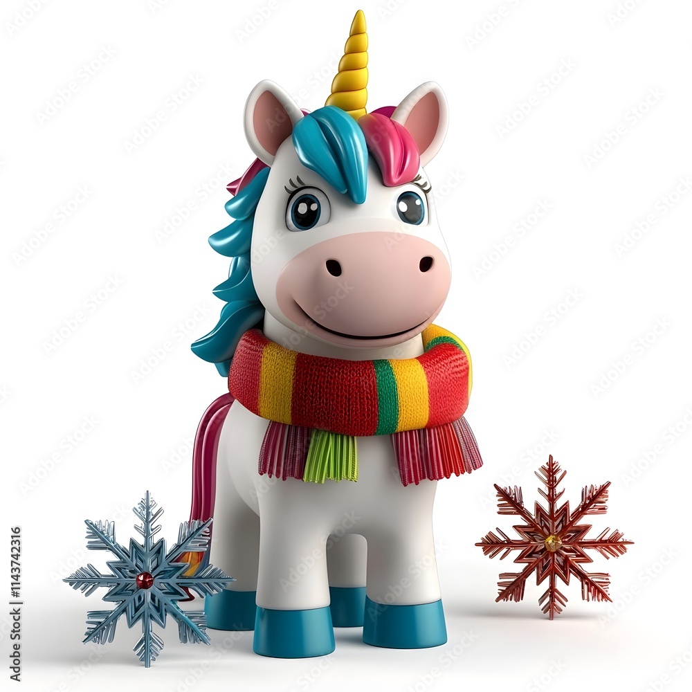 Naklejka premium Colorful Cartoon Unicorn Wearing a Rainbow Scarf with Snowflakes, Smiling Joyfully