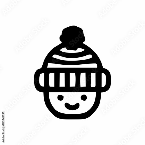 A simple black-and-white icon of a smiling face wearing a winter hat with a pom-pom on top, symbolizing warmth and coziness.
