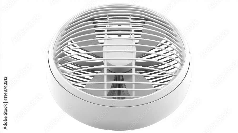 68.Detailed vector of a tabletop electric fan with three blades enclosed in a rounded cage, designed with clean lines and subtle shading; the fan has a compact, modern look and is isolated on a white 68.Detailed vector of a tabletop electric fan with three blades enclosed in a rounded cage, designed with clean lines and subtle shading; the fan has a compact, modern look and is isolated on a white