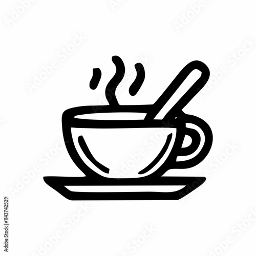 a simple black-and-white icon of a steaming cup of coffee or tea on a saucer, with a spoon resting inside.