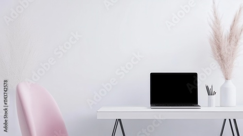 A minimalist vector home office with space on the right side for text, featuring a sleek desk, modern chair, and a laptop with clean lines. 