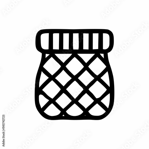 A black-and-white outline of a mesh bag with a drawstring top, commonly used for carrying fruits, vegetables, or other small items.