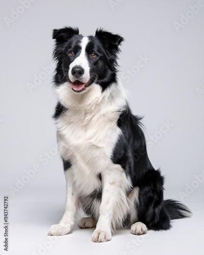  a Border Collie sitting against a pure white background. The dog is predominantly black and white, with a fluffy coat