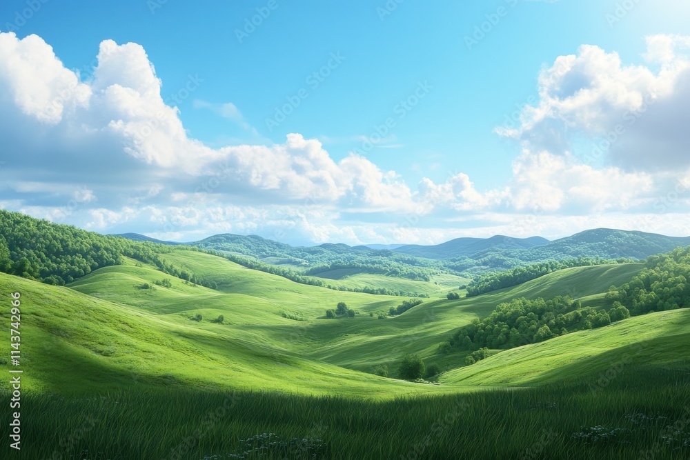 Panoramic landscape rolling green hills misty mountains blue sky fluffy white clouds Panoramic landscape rolling green hills misty mountains blue sky fluffy white clouds
