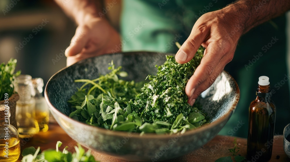 Craftsperson preparing fresh herbs for culinary creations in a rustic kitchen setting Craftsperson preparing fresh herbs for culinary creations in a rustic kitchen setting