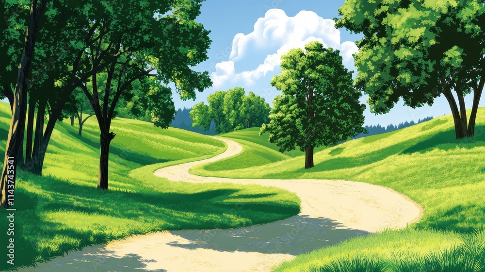 Fototapeta premium A peaceful vector forest trail with empty space at the top for text, showcasing a winding path through lush greenery, tall trees with dappled sunlight, and a serene atmosphere perfect for nature 