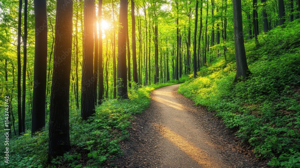 Fototapeta premium A peaceful vector forest trail with empty space at the top for text, showcasing lush greenery, towering trees, and a winding path. 