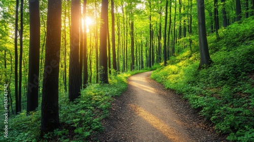 A peaceful vector forest trail with empty space at the top for text, showcasing lush greenery, towering trees, and a winding path. 