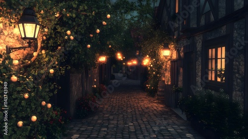 A quiet street illuminated by vintage lanterns casting a soft glow on the cobblestone path