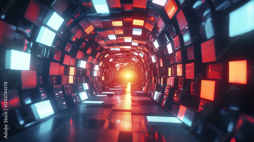 Futuristic glowing geometric tunnel with vibrant colors and light Futuristic glowing geometric tunnel with vibrant colors and light