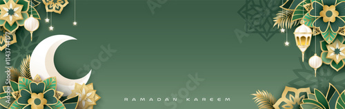 Islamic festival poster background design with flower, arabic calligraphy, crescent moon and lantern. Suitable for Ramadan Kareem, Hari Raya, Eid Mubarak, Eid al Adha.