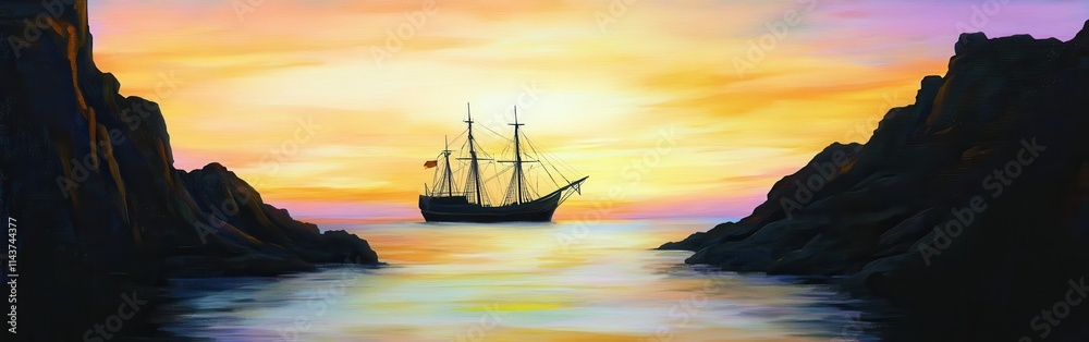 Lone ship sailing towards the horizon at sunset, surrounded by rocky cliffs and calm waters Lone ship sailing towards the horizon at sunset, surrounded by rocky cliffs and calm waters