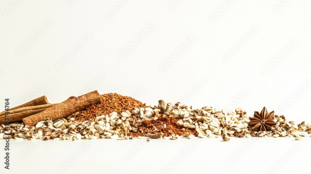 Spices arranged artfully with cinnamon sticks, dried herbs, and star anise highlighting culinary diversity in an abstract composition Spices arranged artfully with cinnamon sticks, dried herbs, and star anise highlighting culinary diversity in an abstract composition