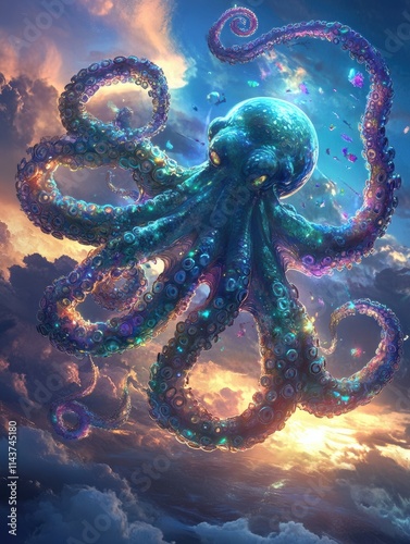 Enormous flying octopus with glowing, glass-like tentacles spiraling gracefully through a vibrant skyscape. Generative Ai