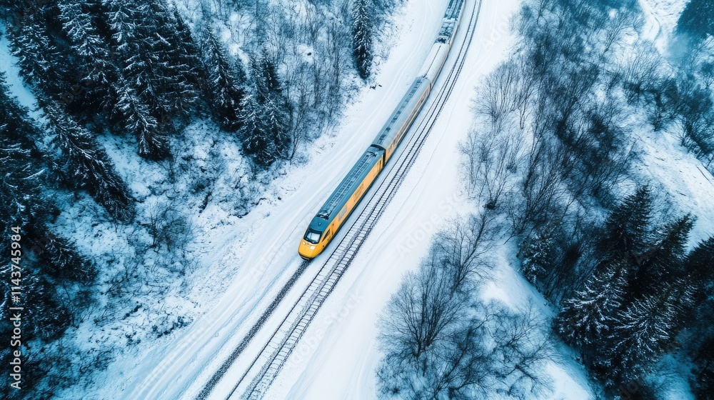 Aerial view of a train traveling through a snowy landscape surrounded by trees. Aerial view of a train traveling through a snowy landscape surrounded by trees.