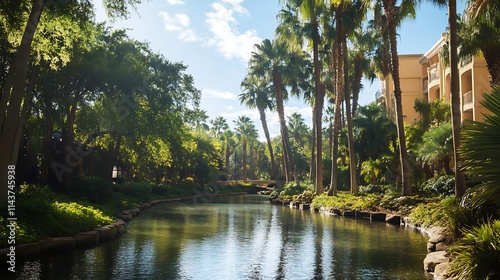 Tropical resort canal with palm trees and hotel. Concept of luxury, relaxation, and vacation.