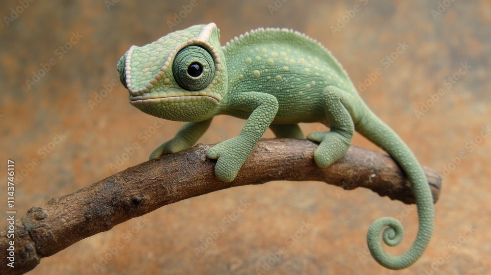 Fototapeta premium Close-up of a small green chameleon perched on a branch.