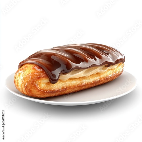 A delicious pastry topped with chocolate glaze, resting on a white plate.