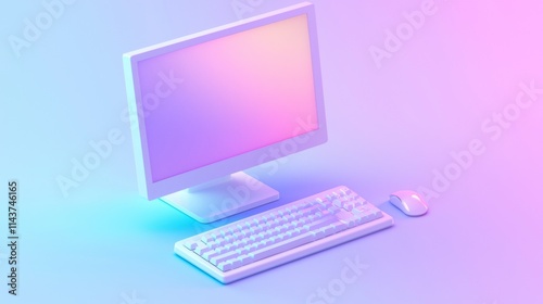 Modern computer setup with pastel gradient design on a bright background