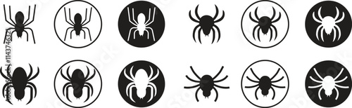 Widow spider icons set in trendy flat styles. Deadly venomous spider. Jumping spider vectors illustration. Halloween, spooky and haunted concepts designs elements isolated on transparent background.