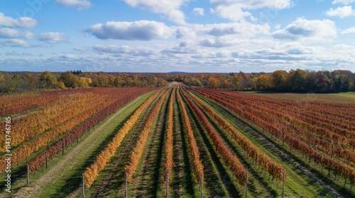 Aerial view of Zokrema vineyards showcasing colorful autumn foliage and rows of grapevines during harvest season