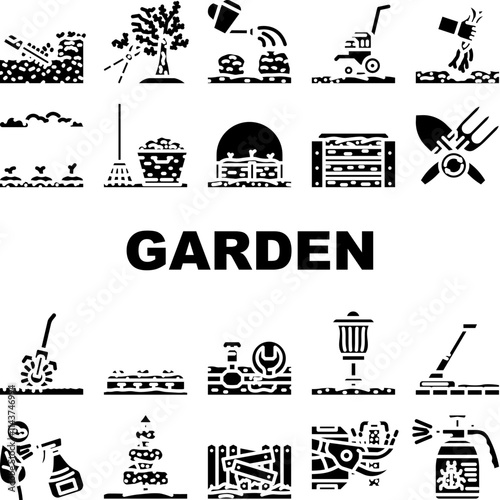garden maintenance mulching icons set vector. weeding fertilizing, watering mowing, edging aeration, composting planting, trimming garden maintenance mulching glyph pictogram Illustrations
