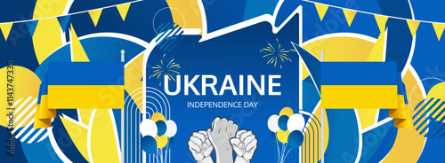 Ukraine Independence Day greeting banner concept. August 24th is celebrated as Ukrainians National Day. Nice template with flag and raised fist, great for nationalism poster.