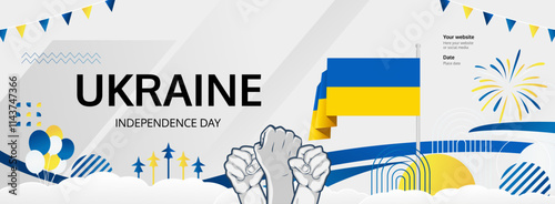 Ukraine Independence Day greeting banner concept. August 24th is celebrated as Ukrainians National Day. Nice template with flag and raised fist, great for nationalism poster.