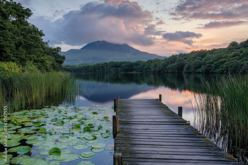 Serene lake sunset wooden pier lily pads reflective water vibrant sky golden hour Serene lake sunset wooden pier lily pads reflective water vibrant sky golden hour
