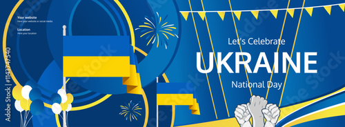 Ukraine Independence Day greeting banner concept. August 24th is celebrated as Ukrainians National Day. Nice template with flag and raised fist, great for nationalism poster.