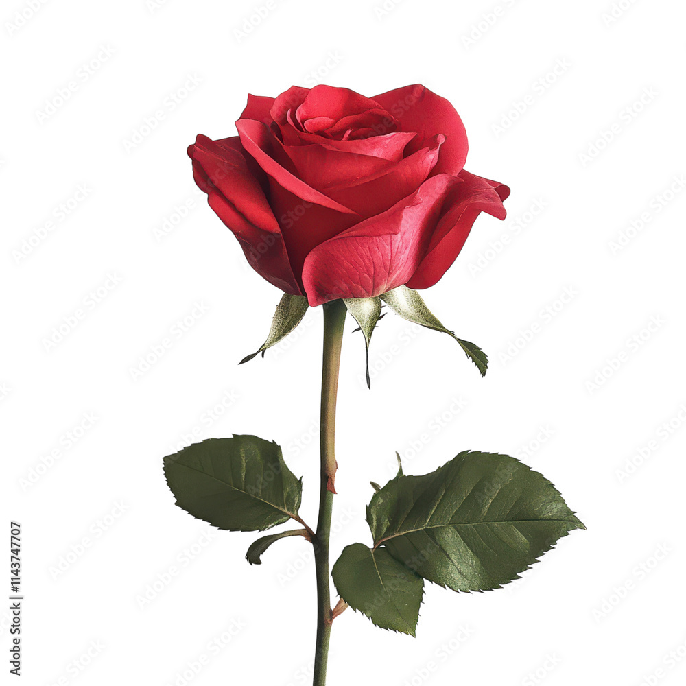 Obraz premium A Beautiful Single Red Rose in Bloom Isolated on White Background for Elegant Floral Displays and Designs and Transparent background.