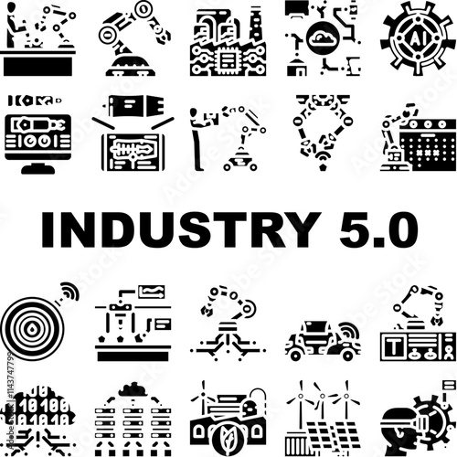 industry 5 automation robotics icons set vector. ai collaboration, innovation efficiency, sustainability personalization industry 5 automation robotics glyph pictogram Illustrations