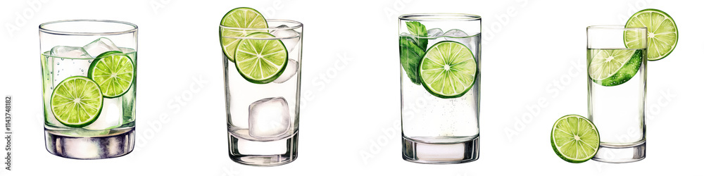 Refreshing Assortment of Chilled Cocktail Drinks with Lime and Mint Garnishes Refreshing Assortment of Chilled Cocktail Drinks with Lime and Mint Garnishes