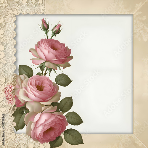 Rose border frame cream color background for wedding invitation card design, square rose frame card wedding background