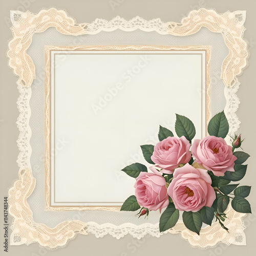 Rose border frame cream color background for wedding invitation card design, square rose frame card wedding background